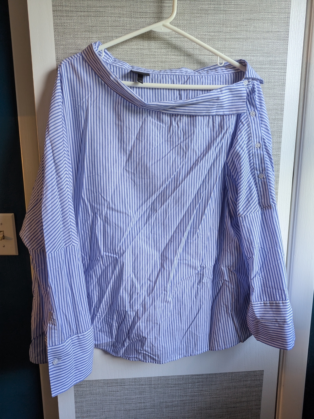 Who What Wear Blue and White Striped Off-Shoulder Button-Down Shirt